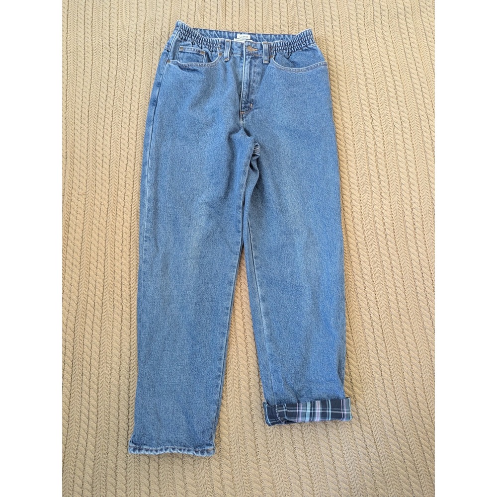 LL Bean Flannel Lined Jeans Womens 10 Reg Relaxed Fit Blue Plaid Denim